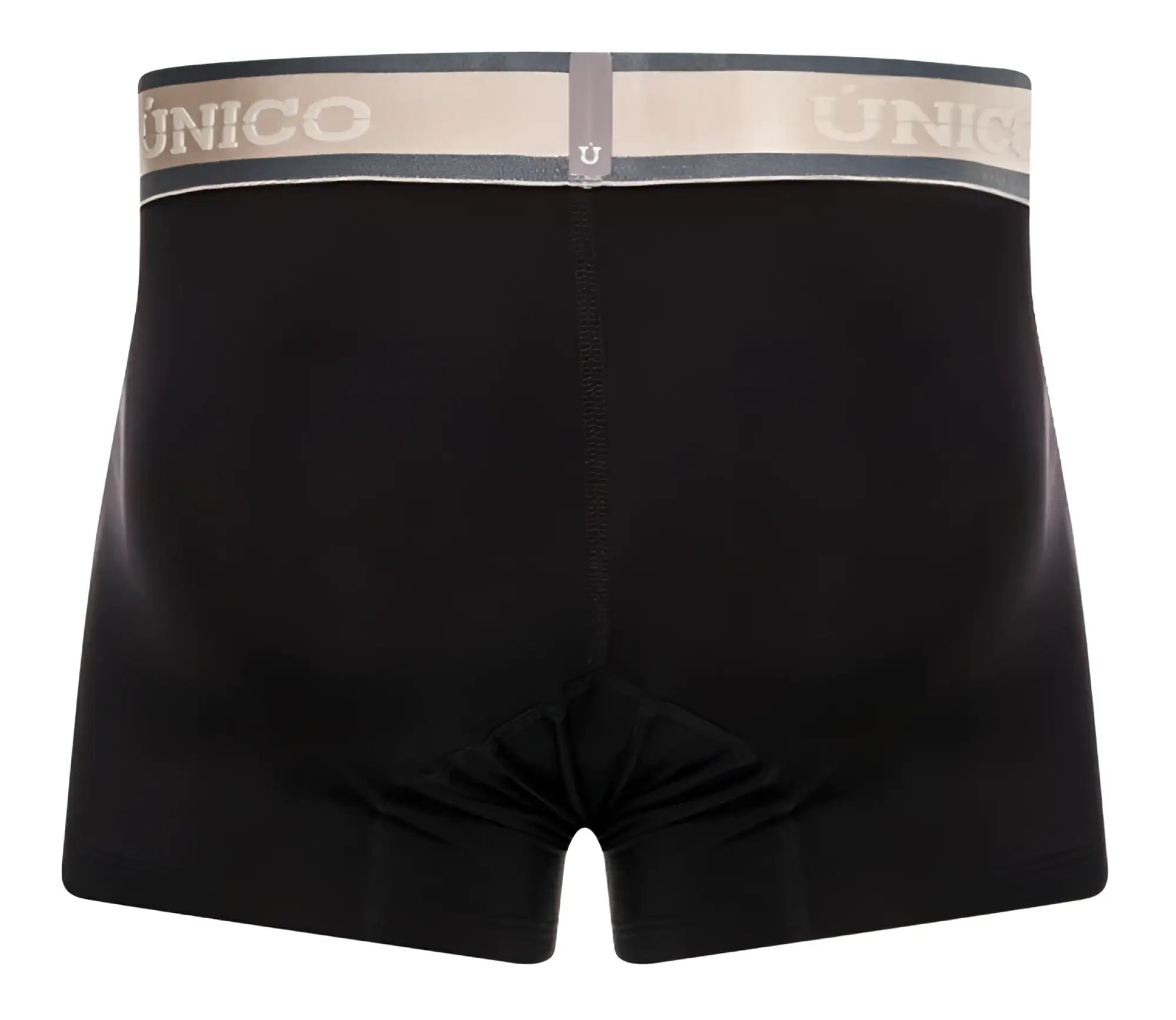 Black unico boxer briefs with gray and beige elastic waistband featuring unico branding in white letters