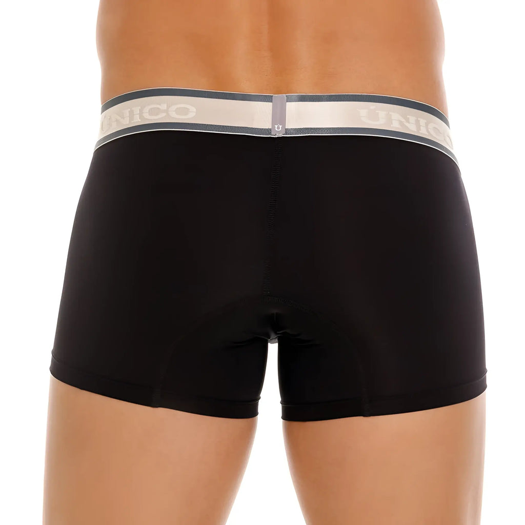 Black unico boxer briefs with gray white elastic waistband featuring brand name for comfortable everyday wear
