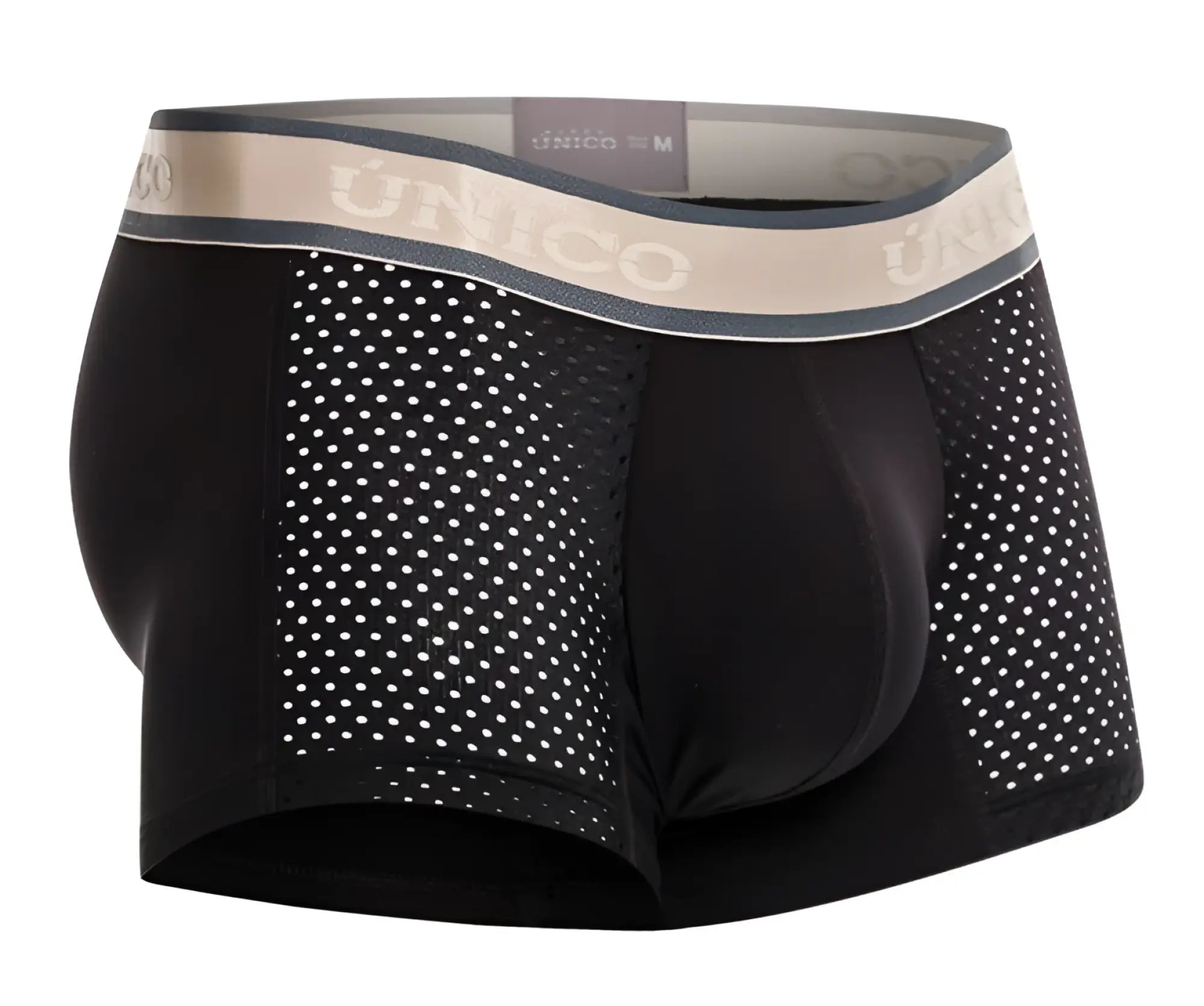 Black unico 24100100126 tamiz trunks men’s boxer briefs with beige gray waistband and white perforated mesh panels