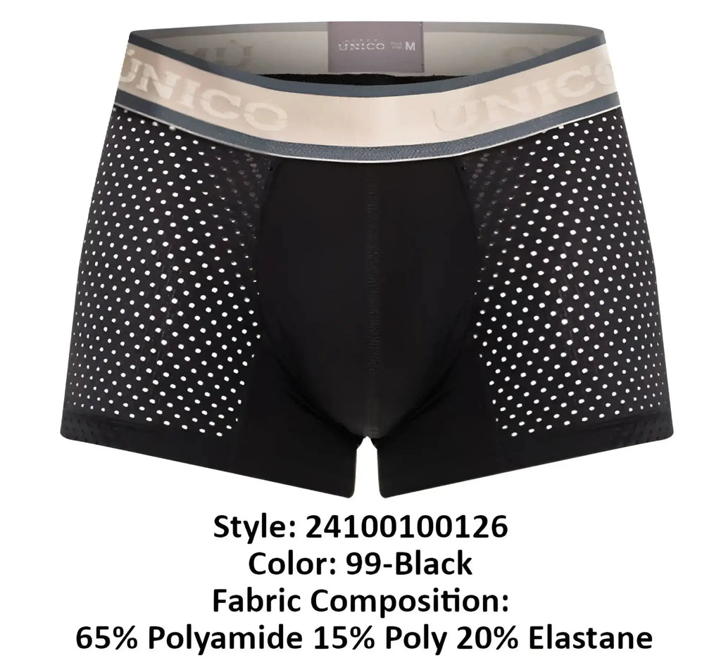 Black unico 24100100126 tamiz trunks men’s boxer briefs with perforated mesh design and beige elastic waistband