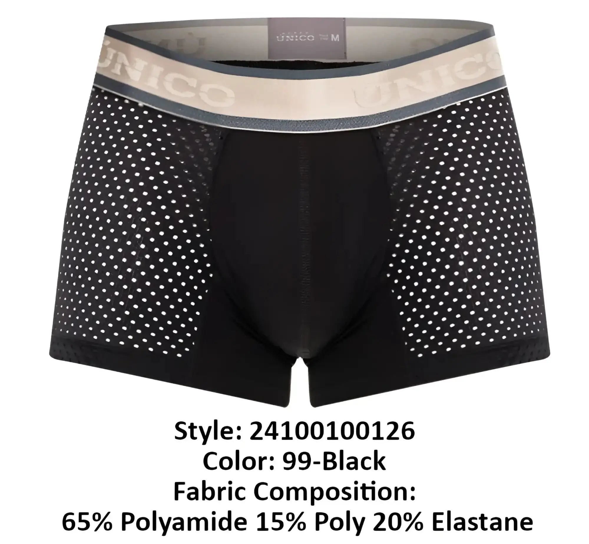 Black unico 24100100126 tamiz trunks men’s boxer briefs with perforated mesh design and beige elastic waistband
