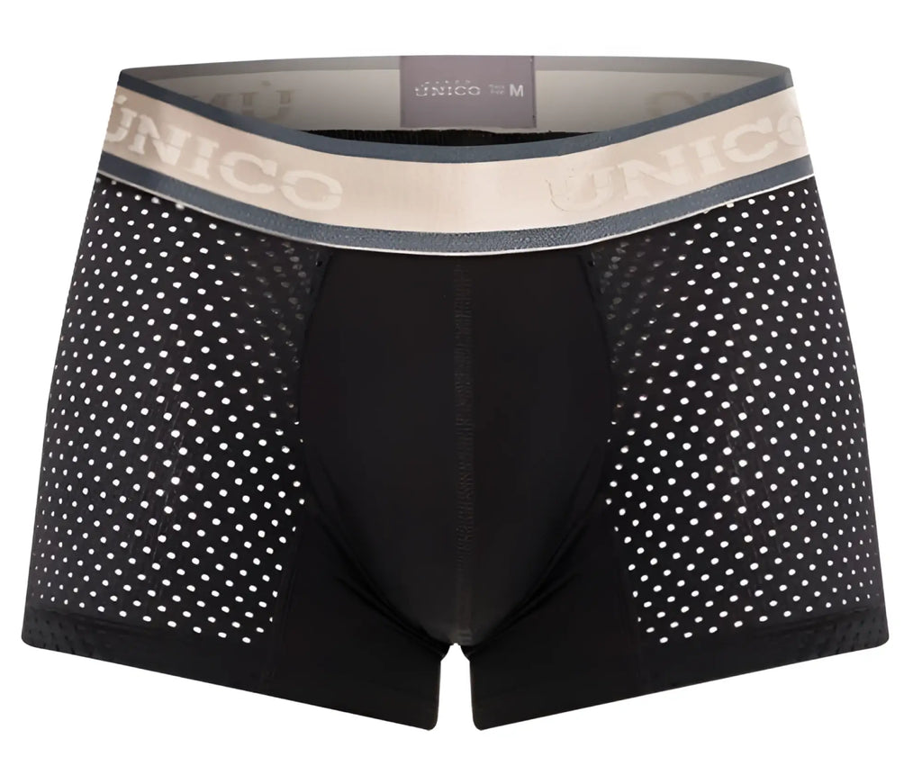 Black unico 24100100126 tamiz trunks with perforated mesh design and beige elastic waistband with brand name