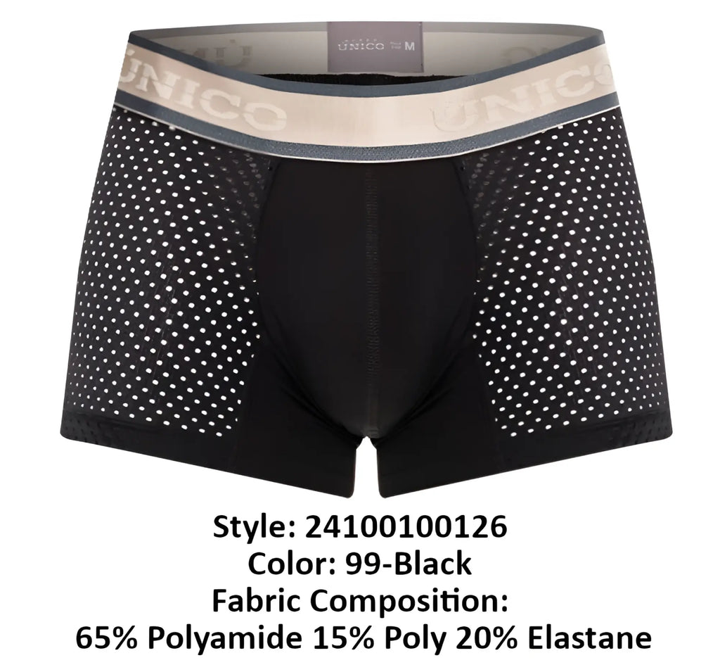 Black unico 24100100126 tamiz trunks men’s boxer briefs with perforated mesh design and beige elastic waistband