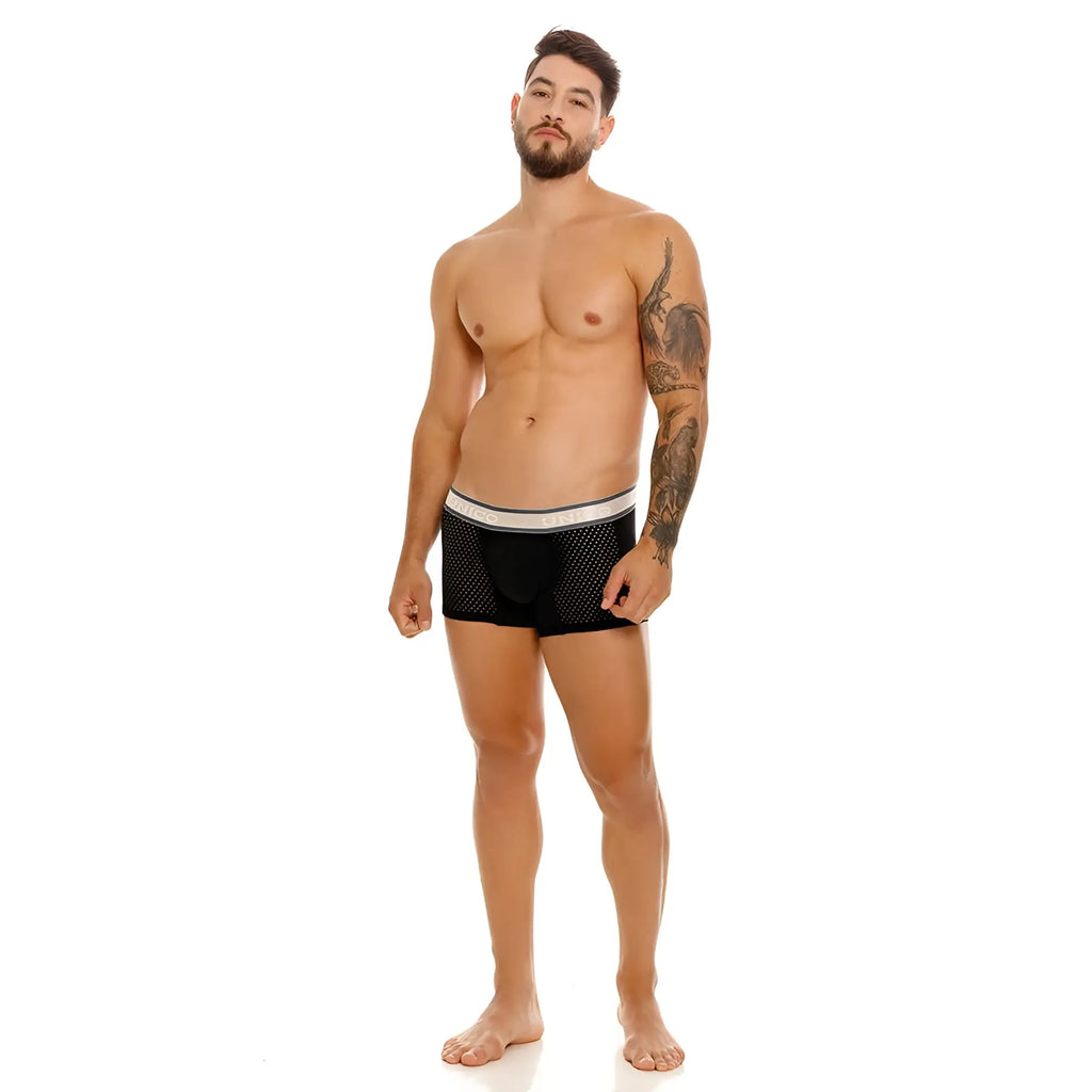 Black mesh unico 24100100126 tamiz trunks with white elastic waistband branded brazil in black lettering