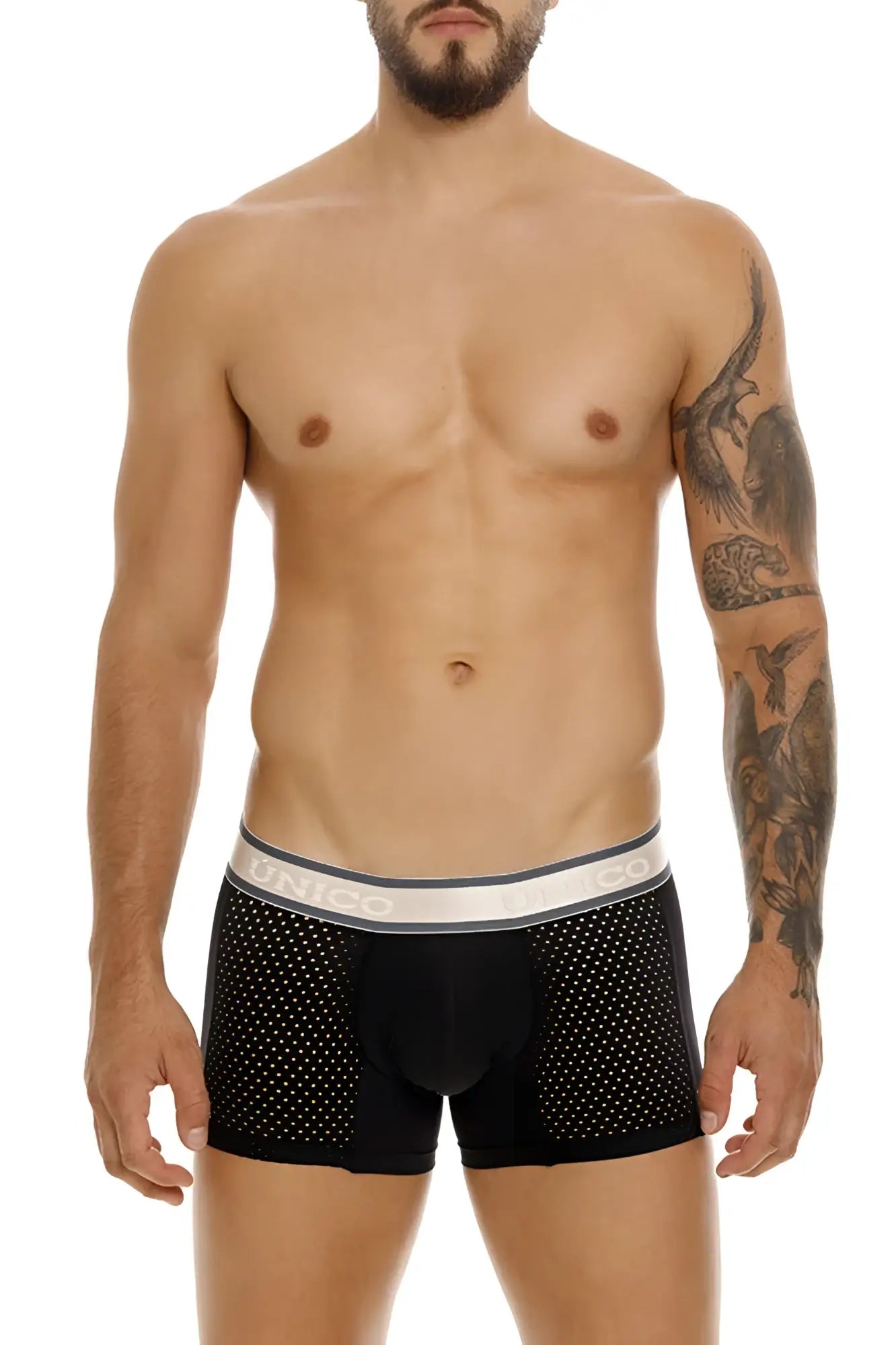Black mesh unico tamiz trunks with white elastic waistband and brand name in color 99 black front view