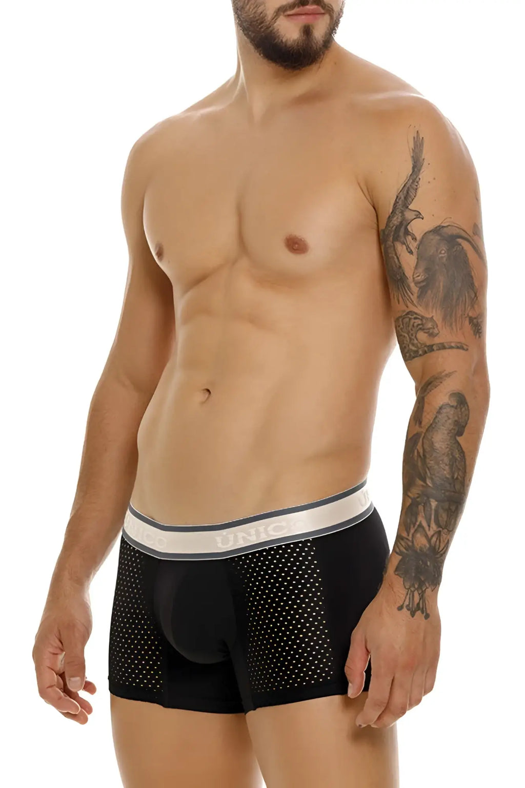 Black mesh unic boxer briefs with white and gray elastic waistband unico 24100100126 tamiz trunks color 99-black