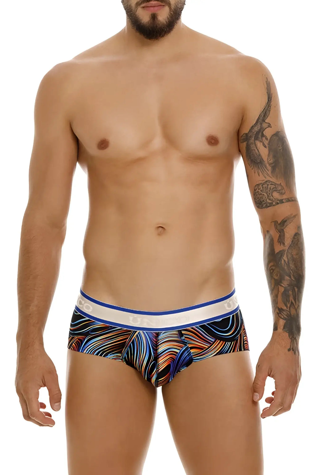 Colorful abstract-patterned unico 24100101104 calamo men’s briefs with white elastic waistband and blue trim in black color