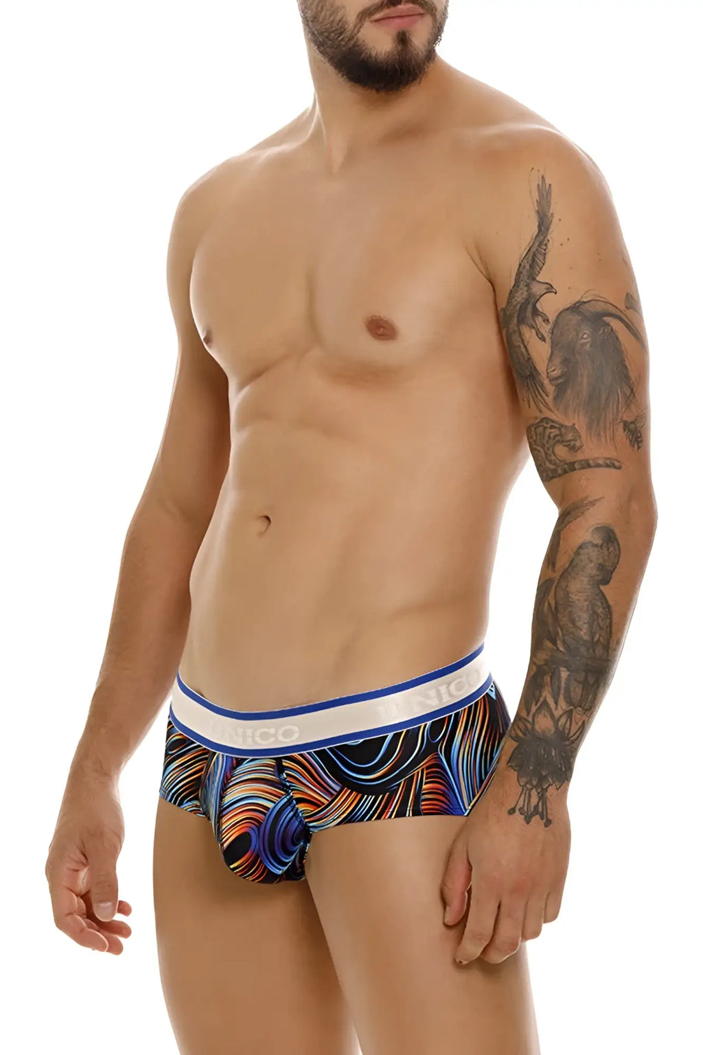 Men’s unico 24100101104 calamo briefs in black with vibrant blue orange abstract waves and white nico waistband