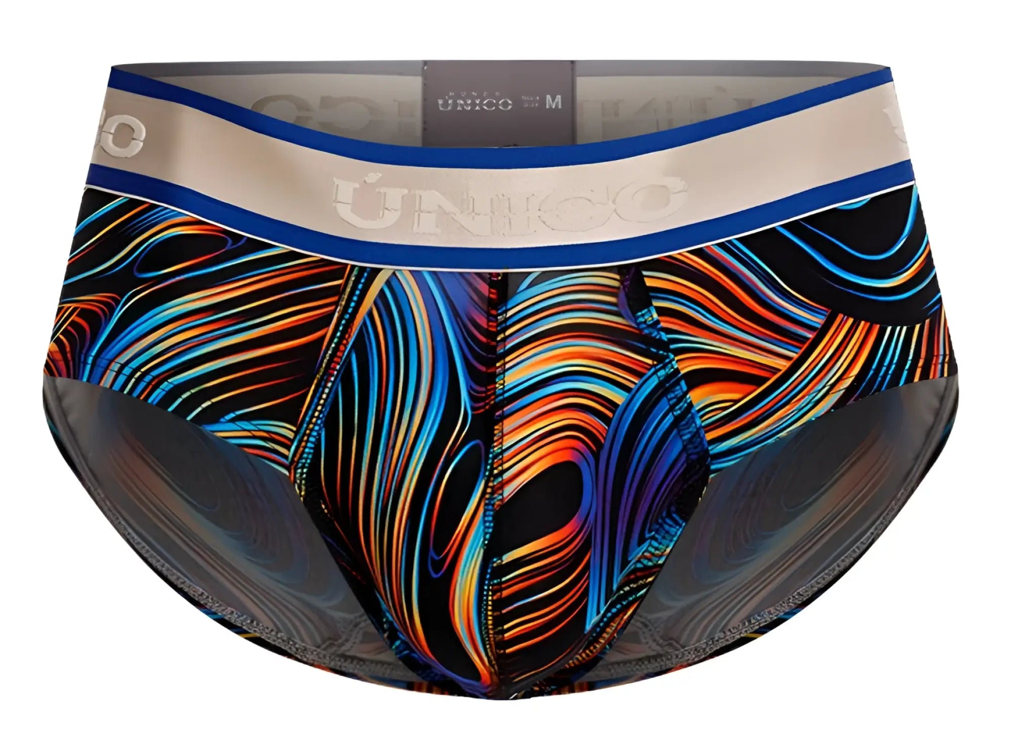 Unico 24100101104 calamo briefs in vibrant neon blue orange purple swirls on black with beige waistband and blue trim