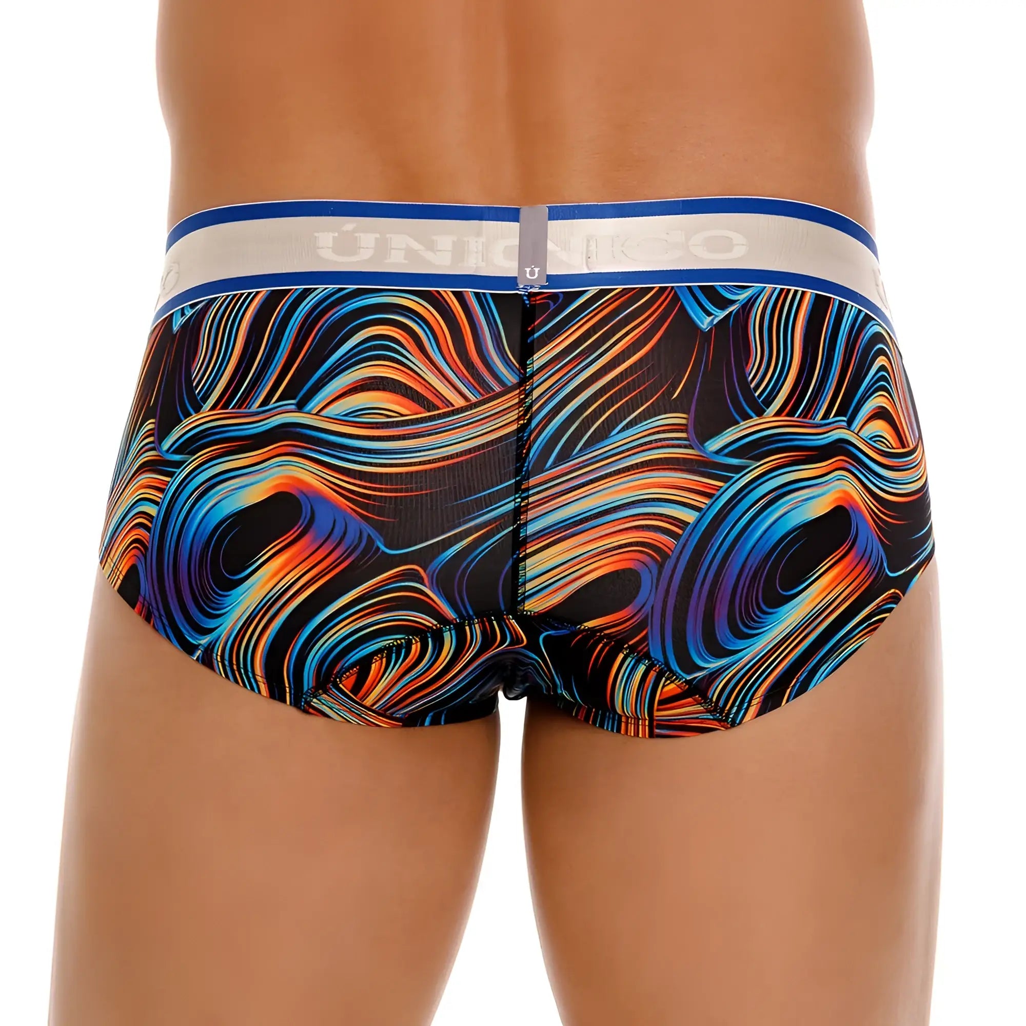 Unico calamo briefs in vibrant union jack wave pattern with bold blue orange and purple hues and white waistband