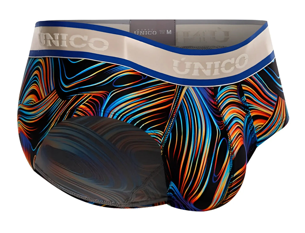 Unico 24100101104 calamo briefs in vibrant orange blue and black wave pattern with white waistband and brand name