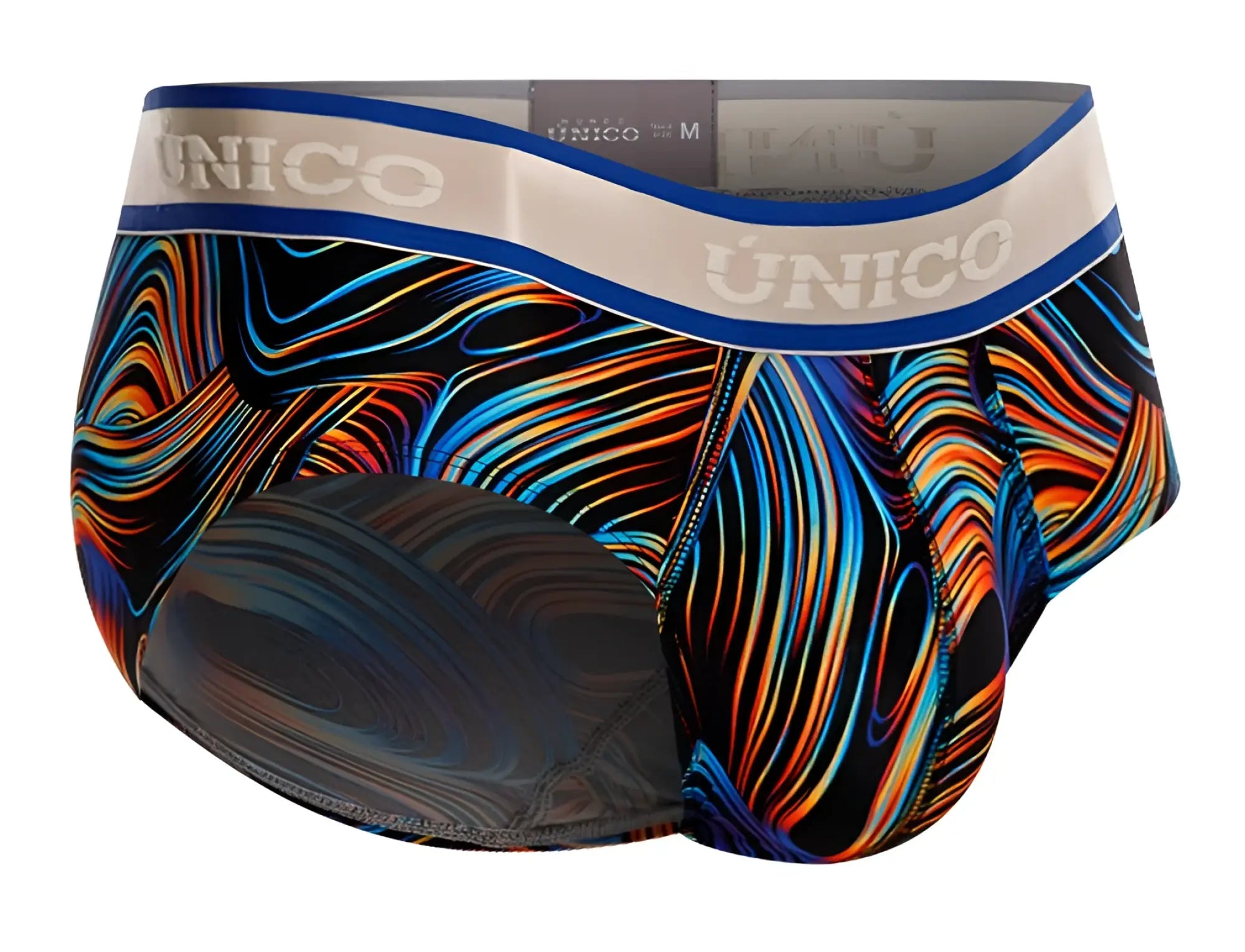 Unico 24100101104 calamo briefs in vibrant orange blue and black wave pattern with white waistband and brand name