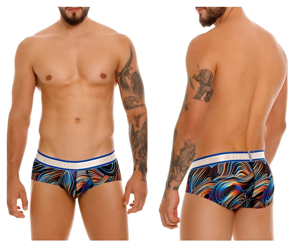 Unico 24100101104 Calamo briefs in vibrant multicolored wave pattern with white and blue elastic waistband