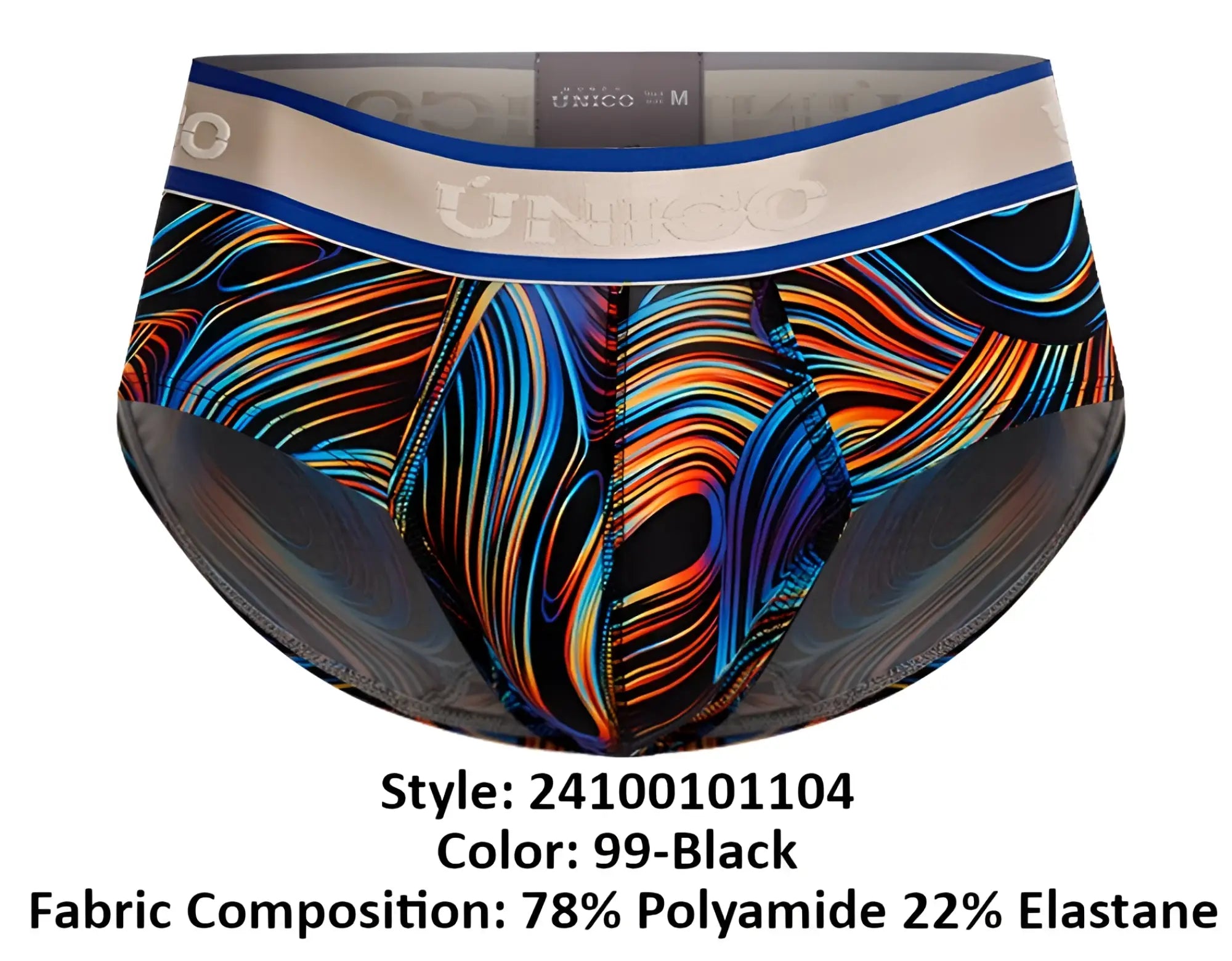 Vibrant psychedelic swirl-patterned unico 24100101104 calamo briefs in black with blue and beige waistband