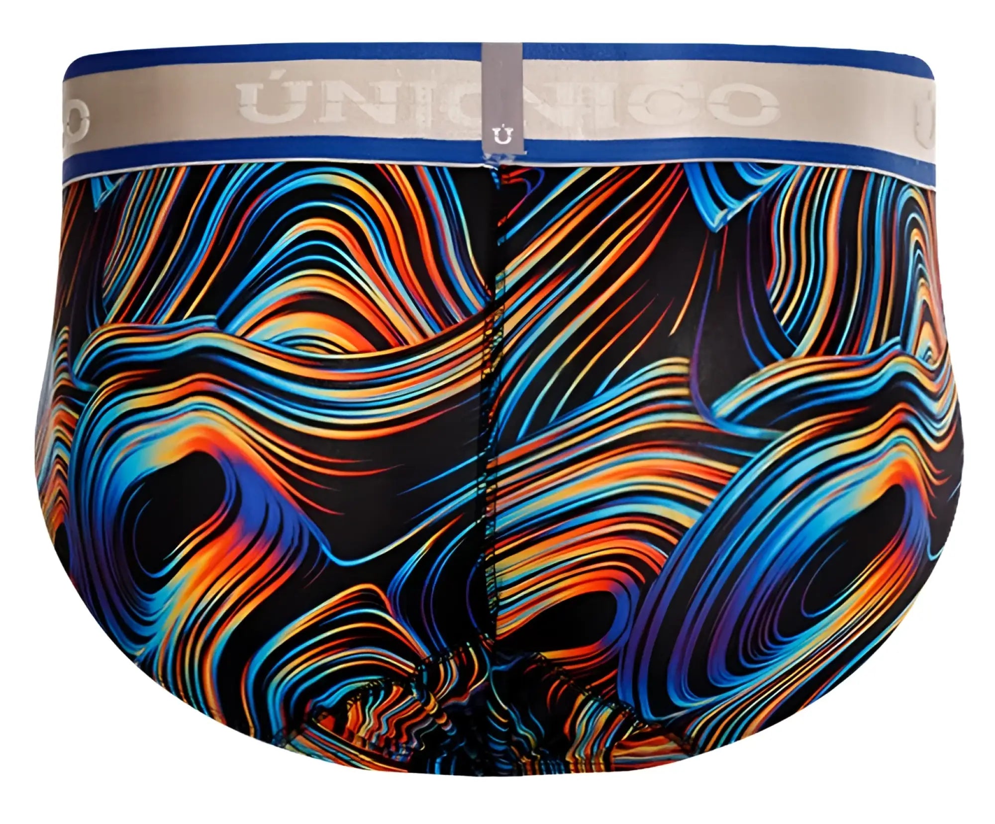 Unico 24100101104 calamo briefs in vibrant psychedelic swirl pattern with bold blue orange red on black and gray waistband