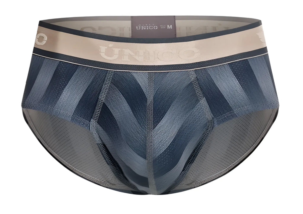 Blue and gray patterned unico 24100101114 ejes briefs with beige waistband featuring the brand logo