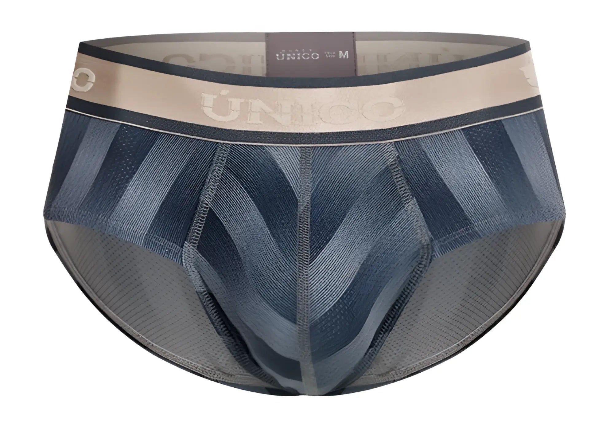 Blue and gray patterned unico 24100101114 ejes briefs with beige waistband featuring the brand logo