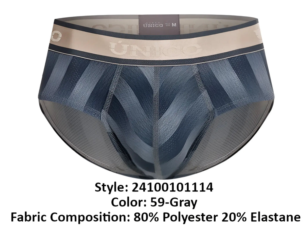 Unico 24100101114 ejes briefs in blue and gray pattern with beige waistband featuring brand logo in front view