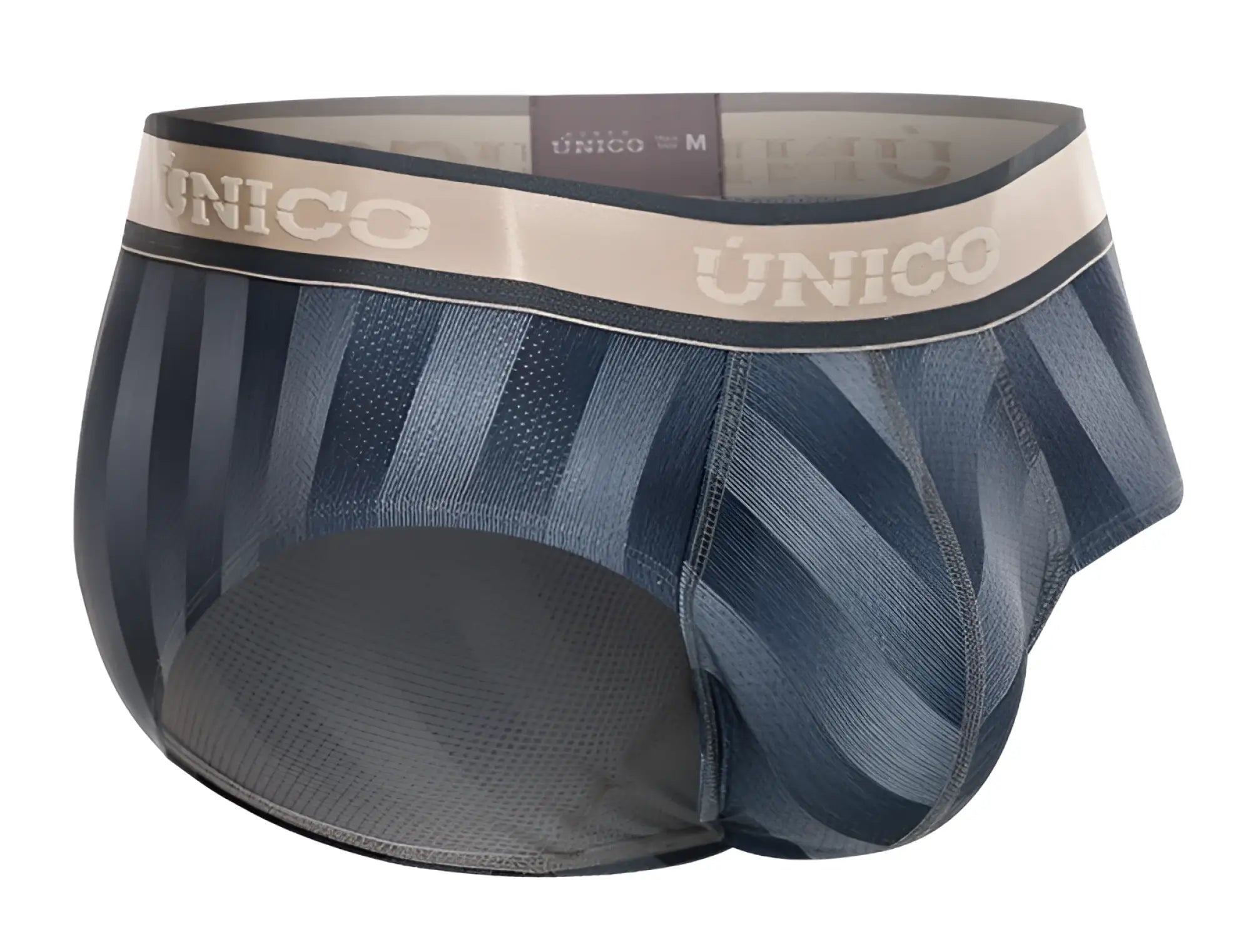 Blue striped men’s briefs with beige waistband featuring unico brand name in color 59 gray
