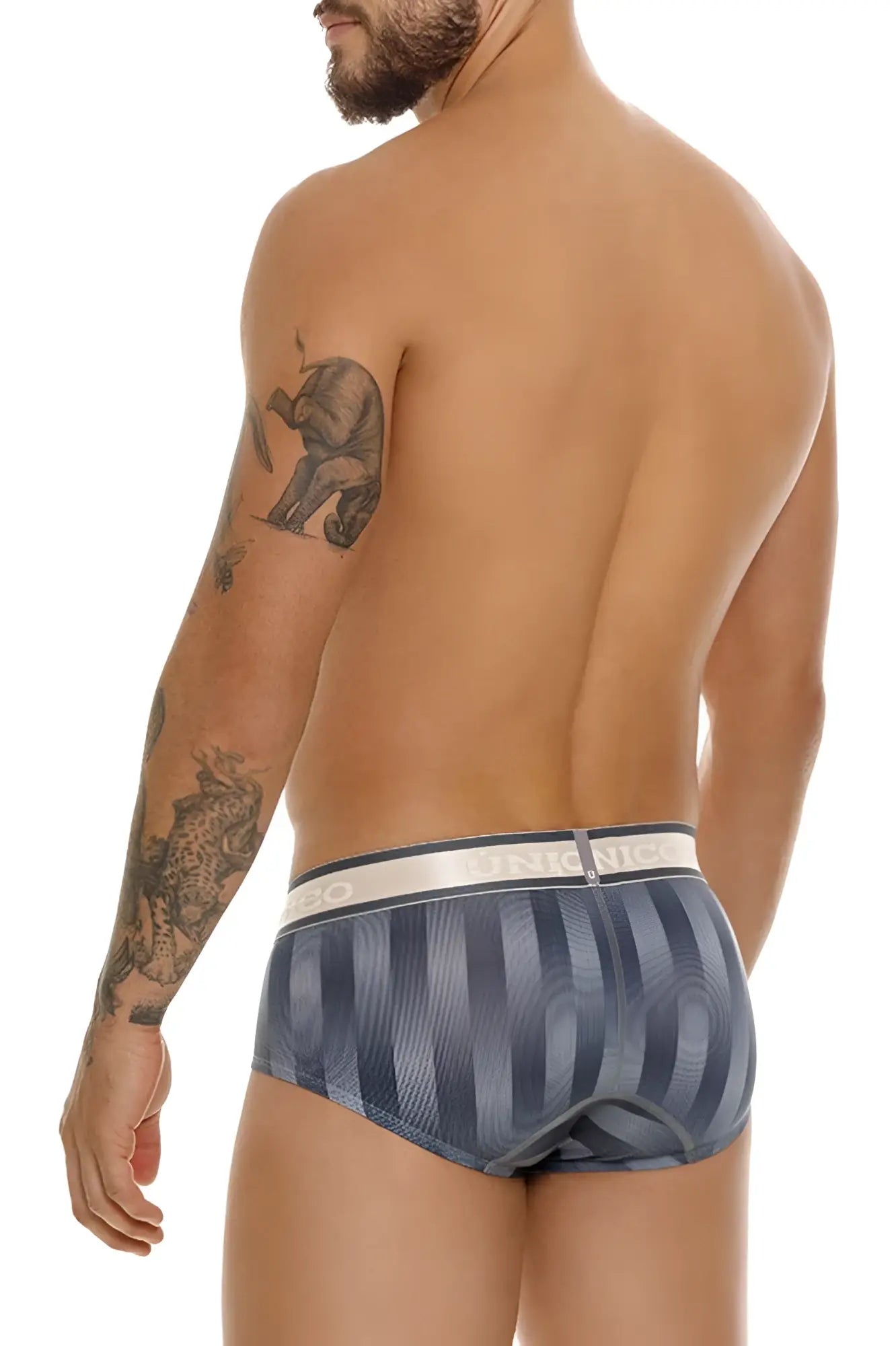 Blue and gray striped men’s briefs with white waistband featuring Unico brand name in color 59-gray