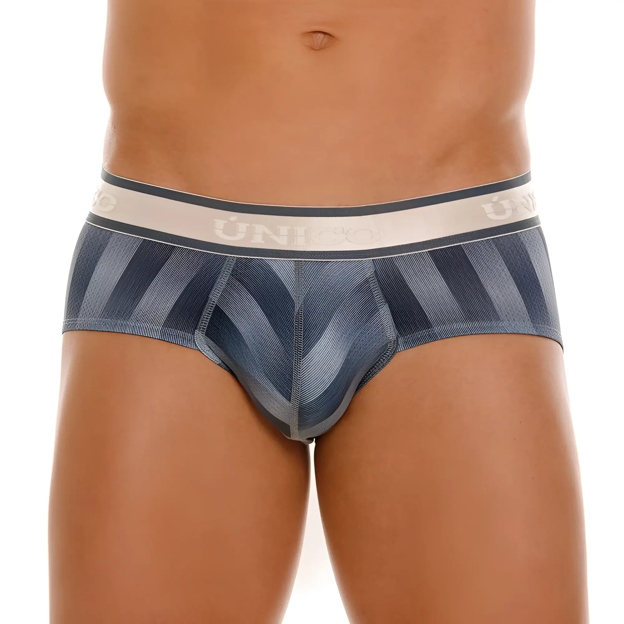 Blue and gray striped men’s briefs with white uniqlo waistband from unico 24100101114 ejes briefs color 59-gray