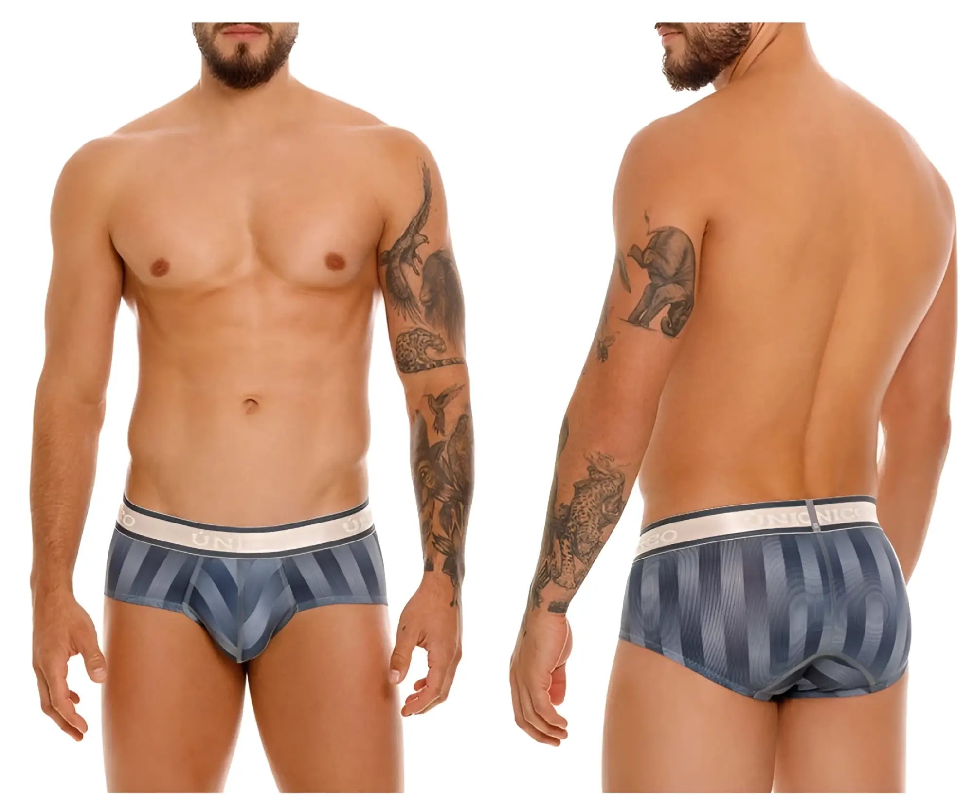 Blue and gray striped men’s briefs with a white elastic waistband unisex comfortable underwear gray ejes briefs