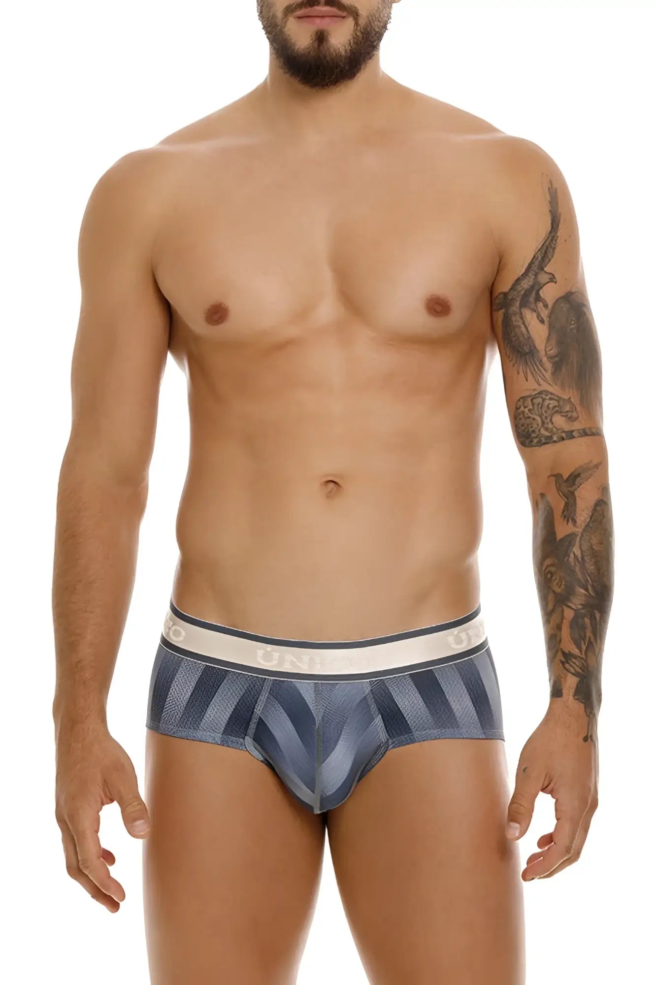 Blue and gray striped men’s briefs with white elastic waistband featuring unico brand logo in gray color