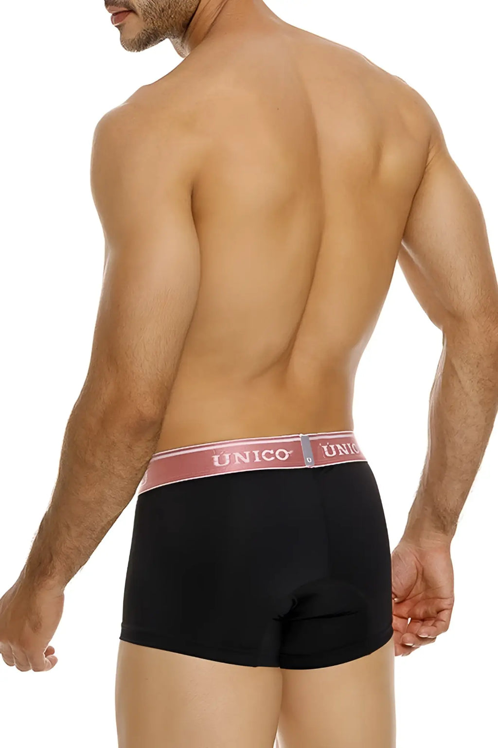 Black unico boxer briefs with pink waistband featuring unico branding in white oro rosa trunks color 99-black