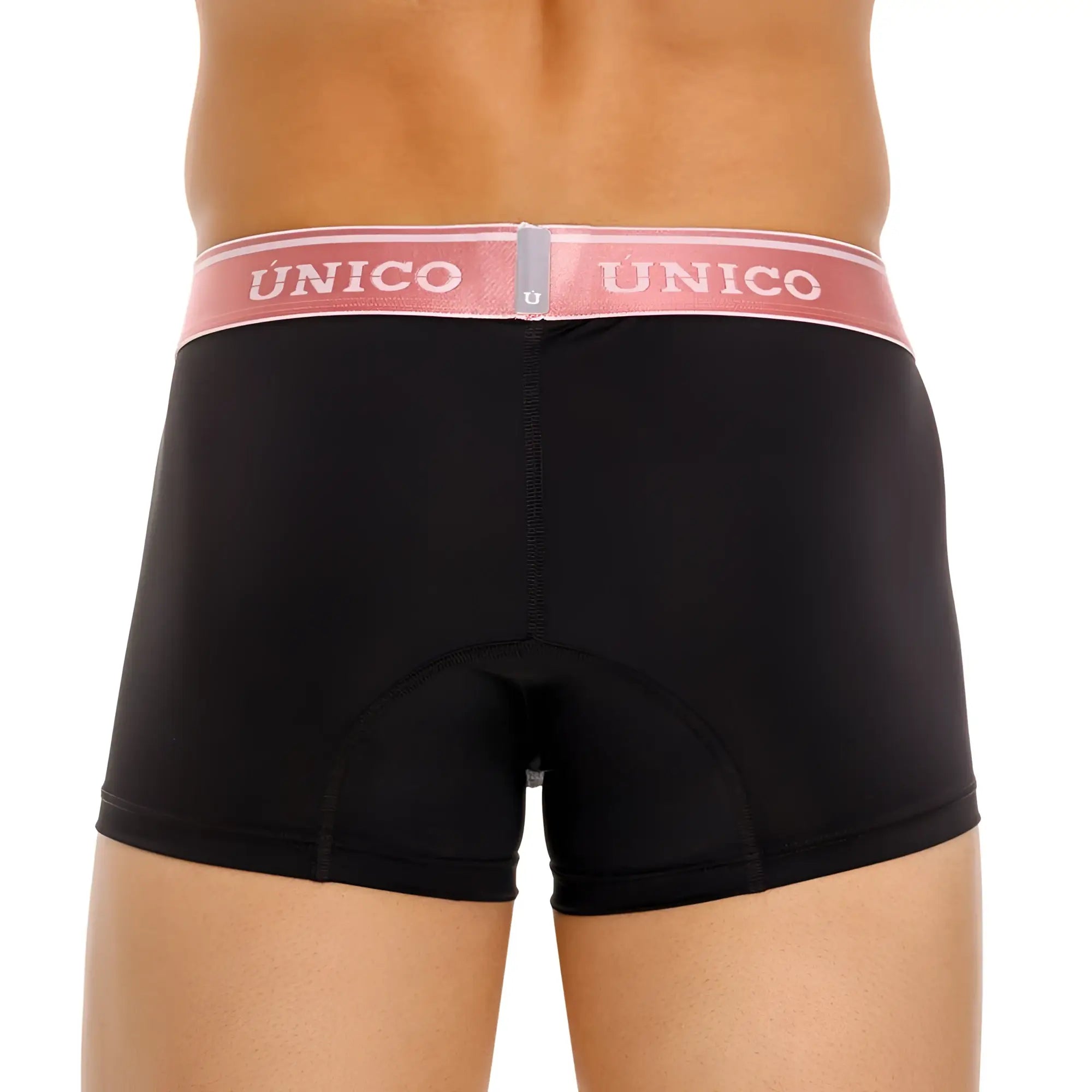 Black unico boxer briefs with a pink waistband featuring white unico branding in oro rosa trunks color 99-black