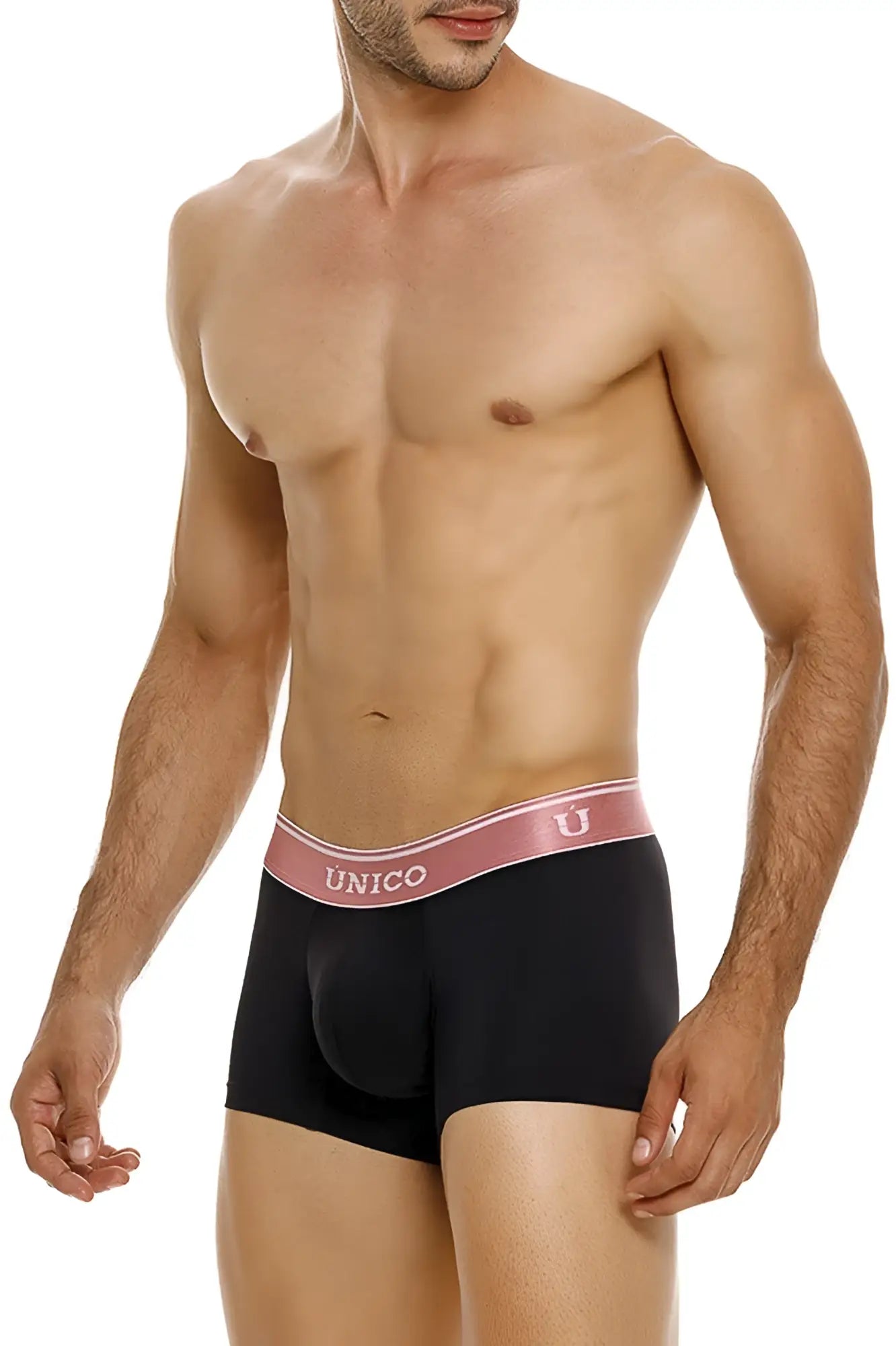 Black unico boxer briefs with a pink waistband featuring the brand name and logo in oro rosa trunks color 99-black