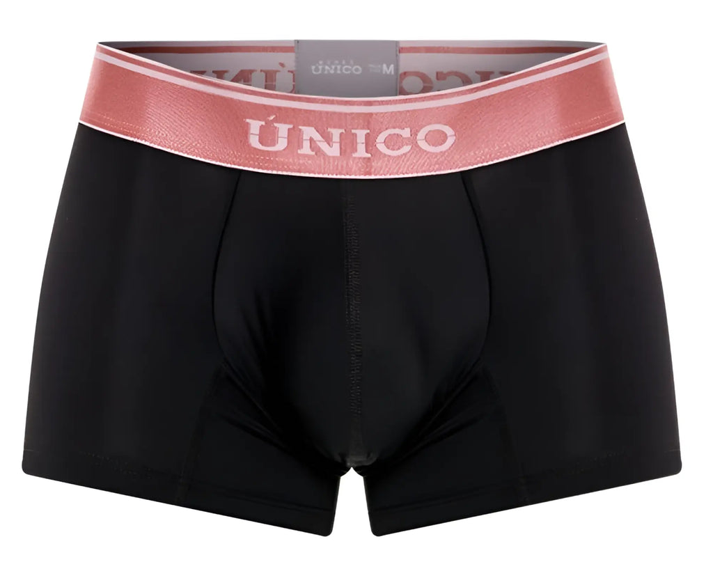 Black unico men’s boxer briefs with pink elastic waistband featuring white brand name lettering model oro rosa trunks