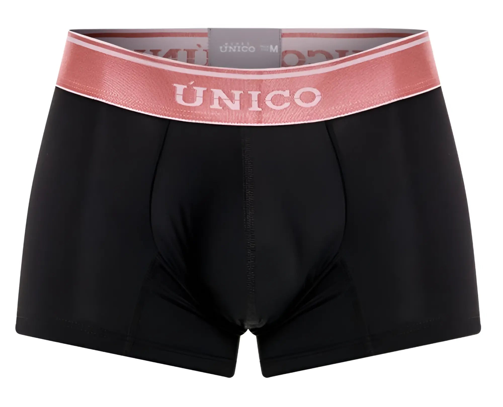 Black unico men’s boxer briefs with pink elastic waistband featuring white brand name lettering model oro rosa trunks