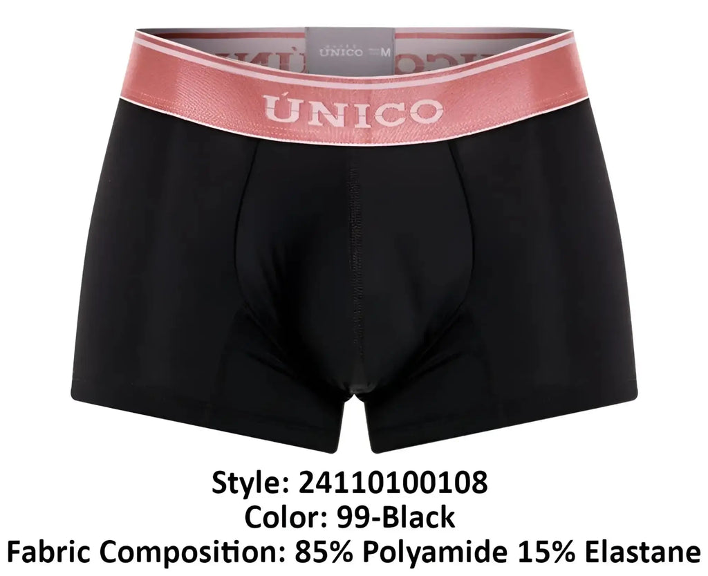 Black unico men’s boxer briefs with pink elastic waistband and white brand lettering in oro rosa trunks color 99-black