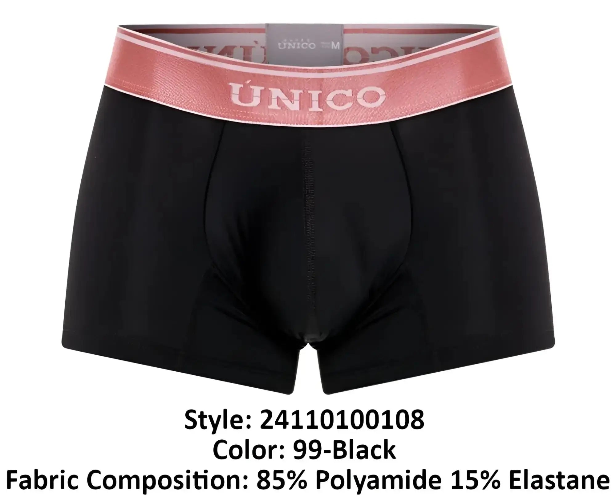 Black unico men’s boxer briefs with pink elastic waistband and white brand lettering in oro rosa trunks color 99-black