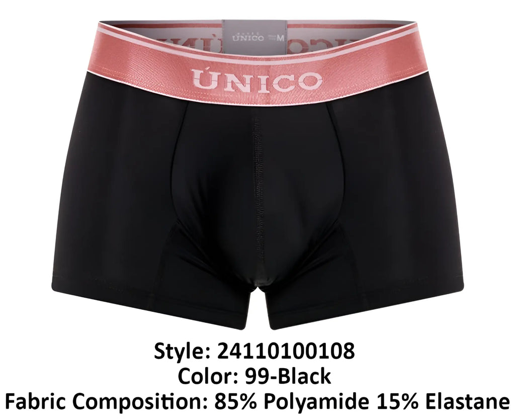 Black unico men’s boxer briefs with pink elastic waistband and white brand lettering in oro rosa trunks color 99-black