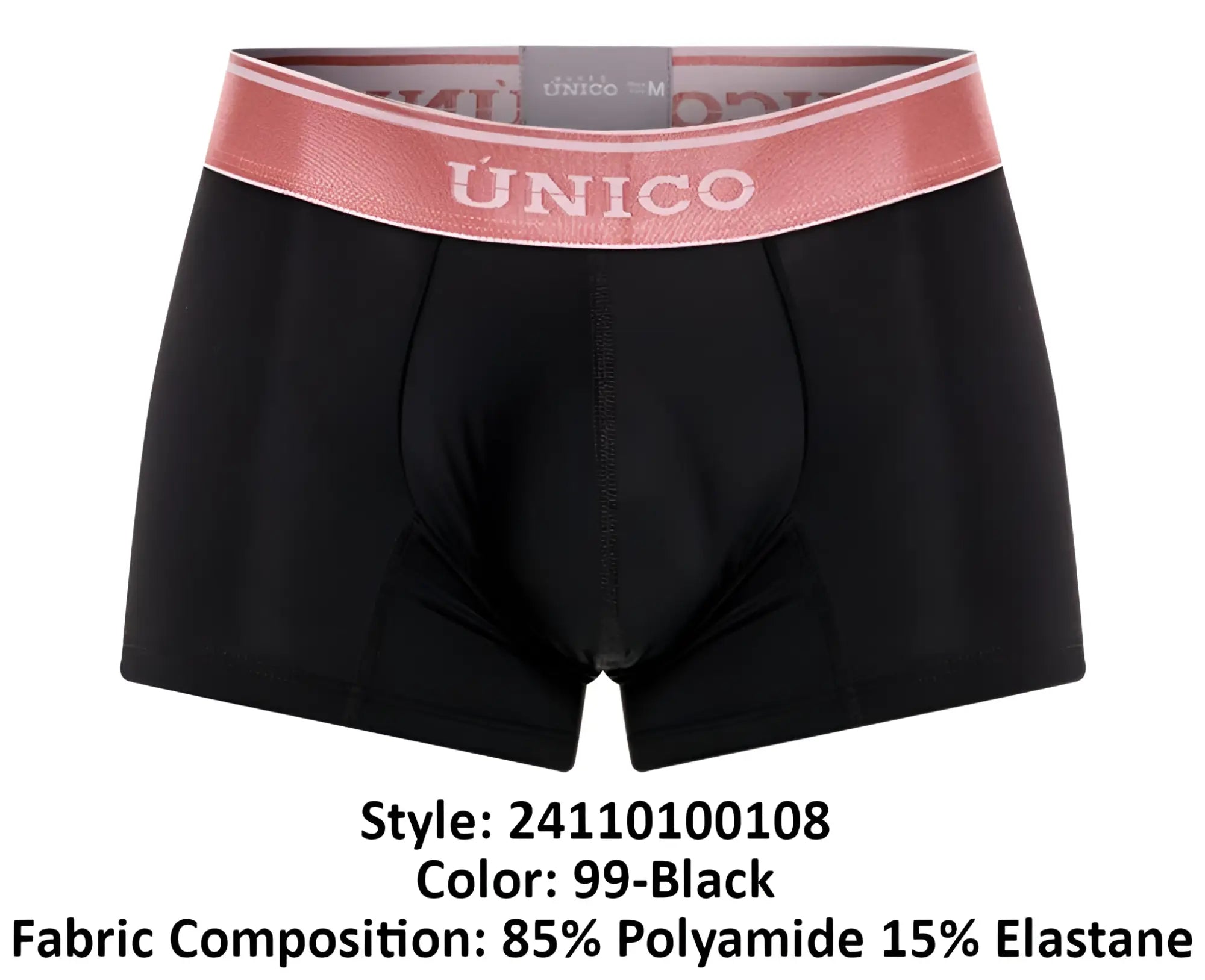 Black unico men’s boxer briefs with pink elastic waistband and white brand lettering in oro rosa trunks color 99-black