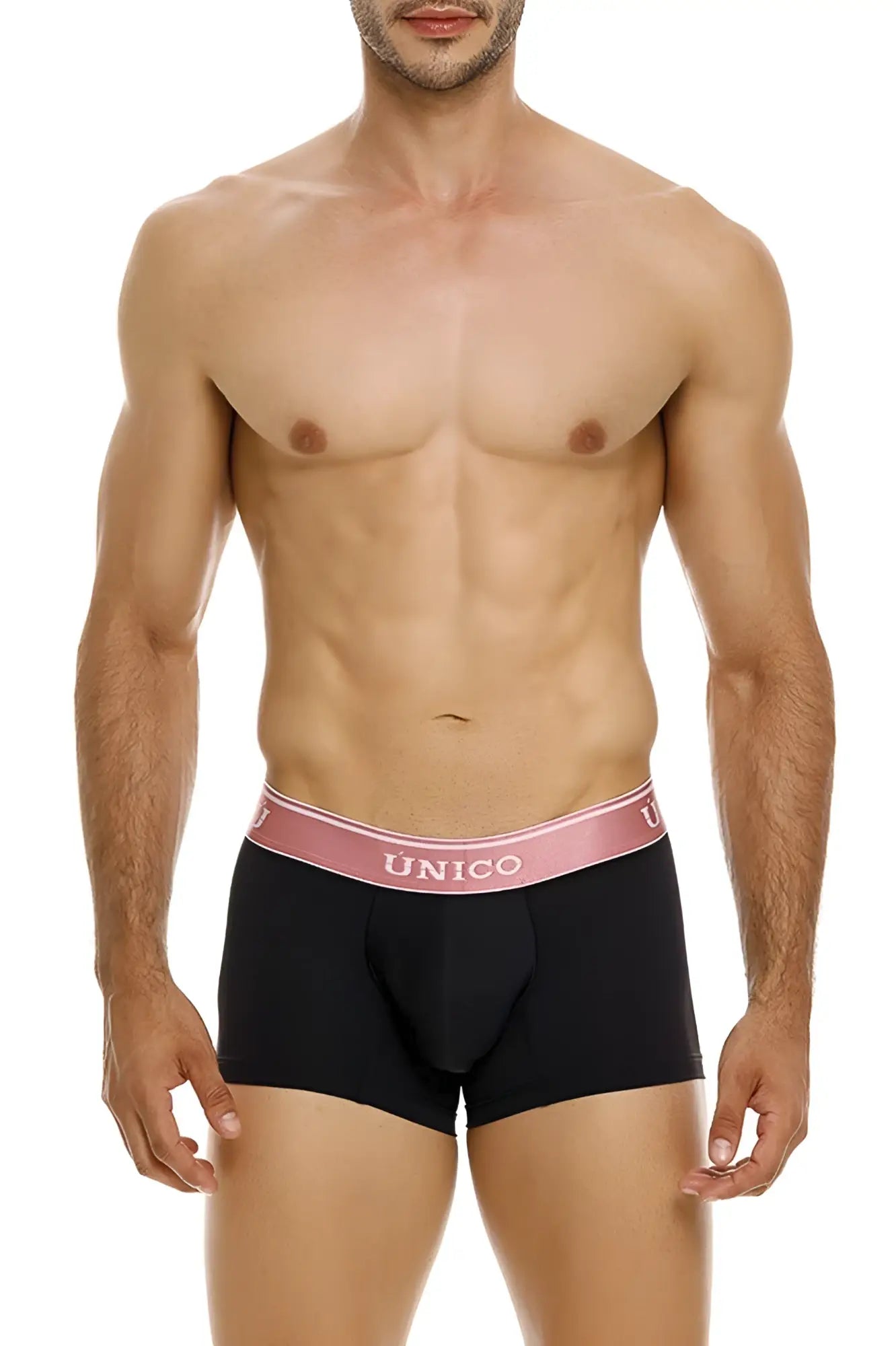 Black unico mens briefs with pink elastic waistband and white brand name oro rosa trunks color 99 black