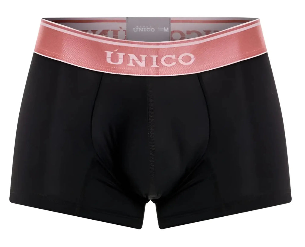 Black unico men’s boxer briefs with pink elastic waistband featuring white brand name lettering model oro rosa trunks