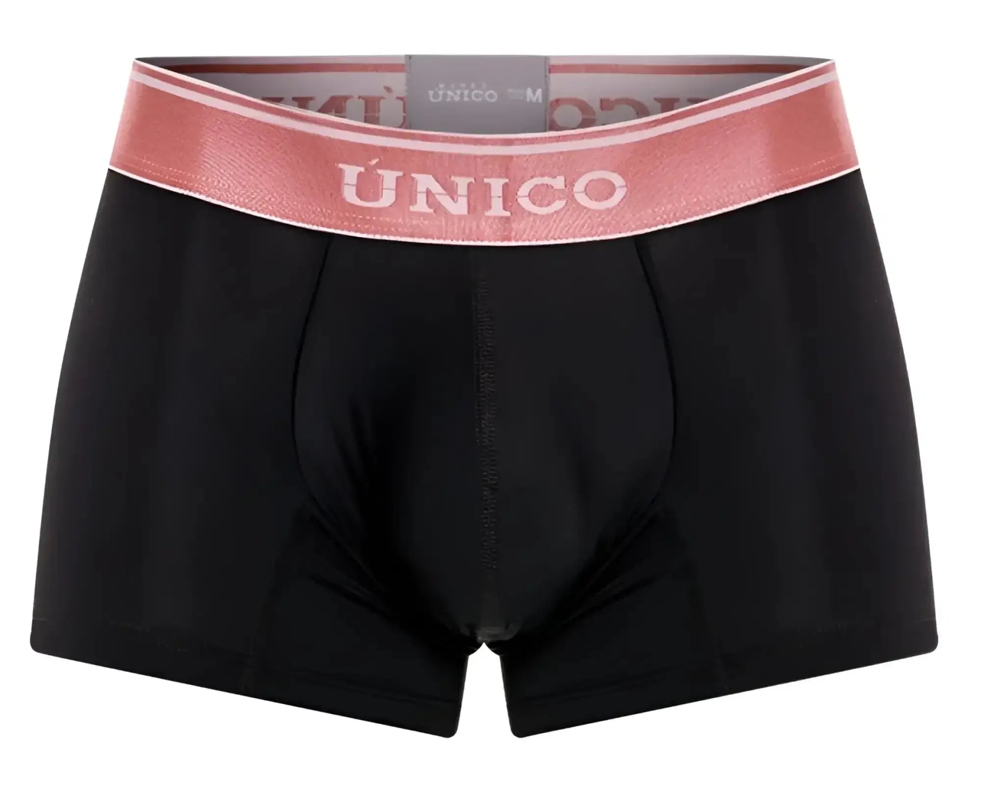 Black unico men’s boxer briefs with pink elastic waistband featuring white brand name lettering model oro rosa trunks