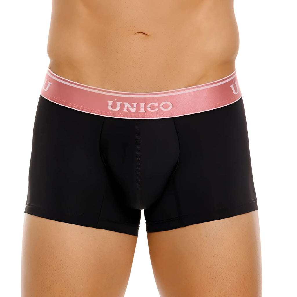 Black Unico 24110100108 Oro Rosa trunks with pink elastic waistband and white unico branding in color 99-black