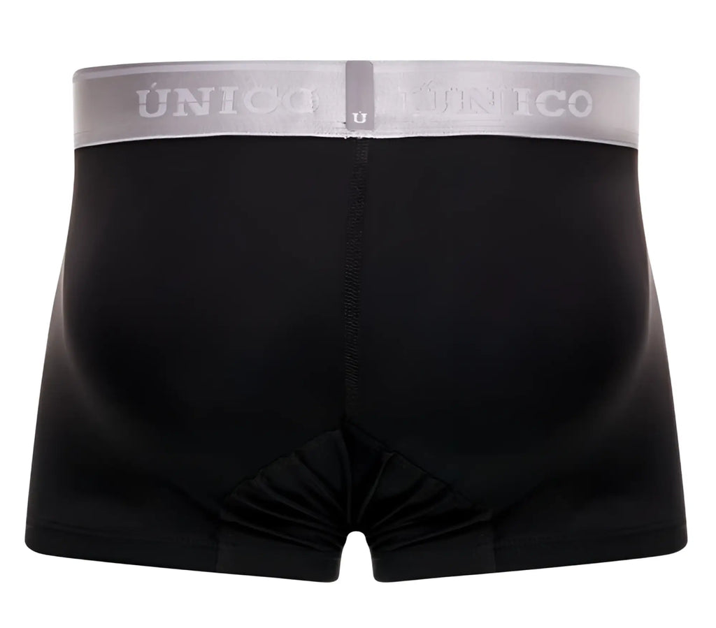 Black unico boxer briefs with gray waistband featuring brand name in white lettering from unico 24110100109 argento trunks
