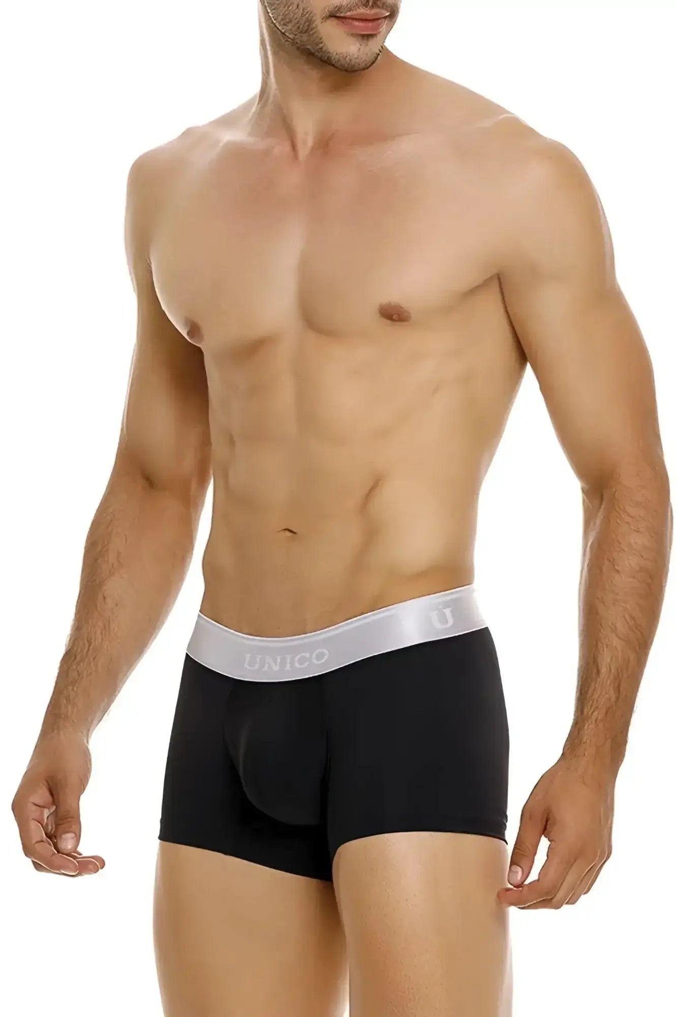 Black unico men’s briefs with a silver waistband featuring the brand name and logo in color 99-black