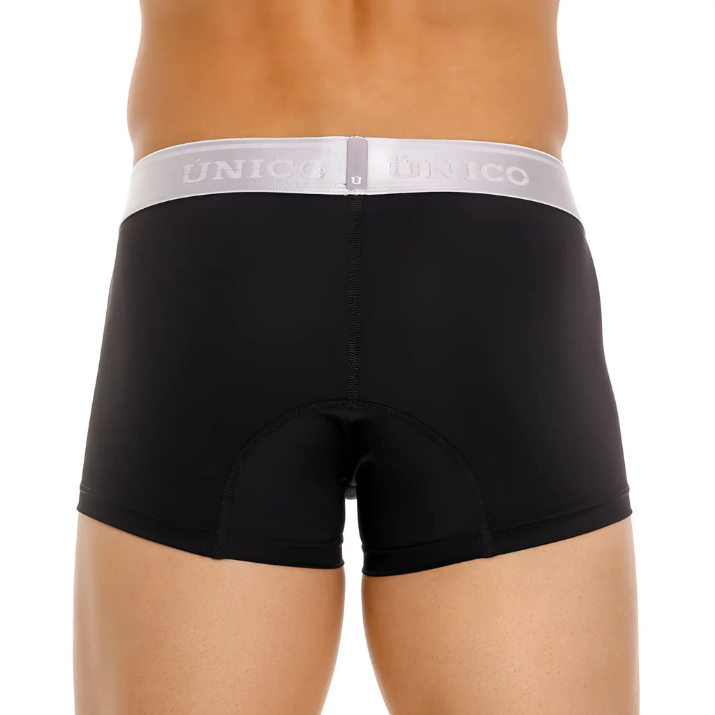 Black unico argento trunks boxer briefs with white elastic waistband and gray brand name lettering color 99 black