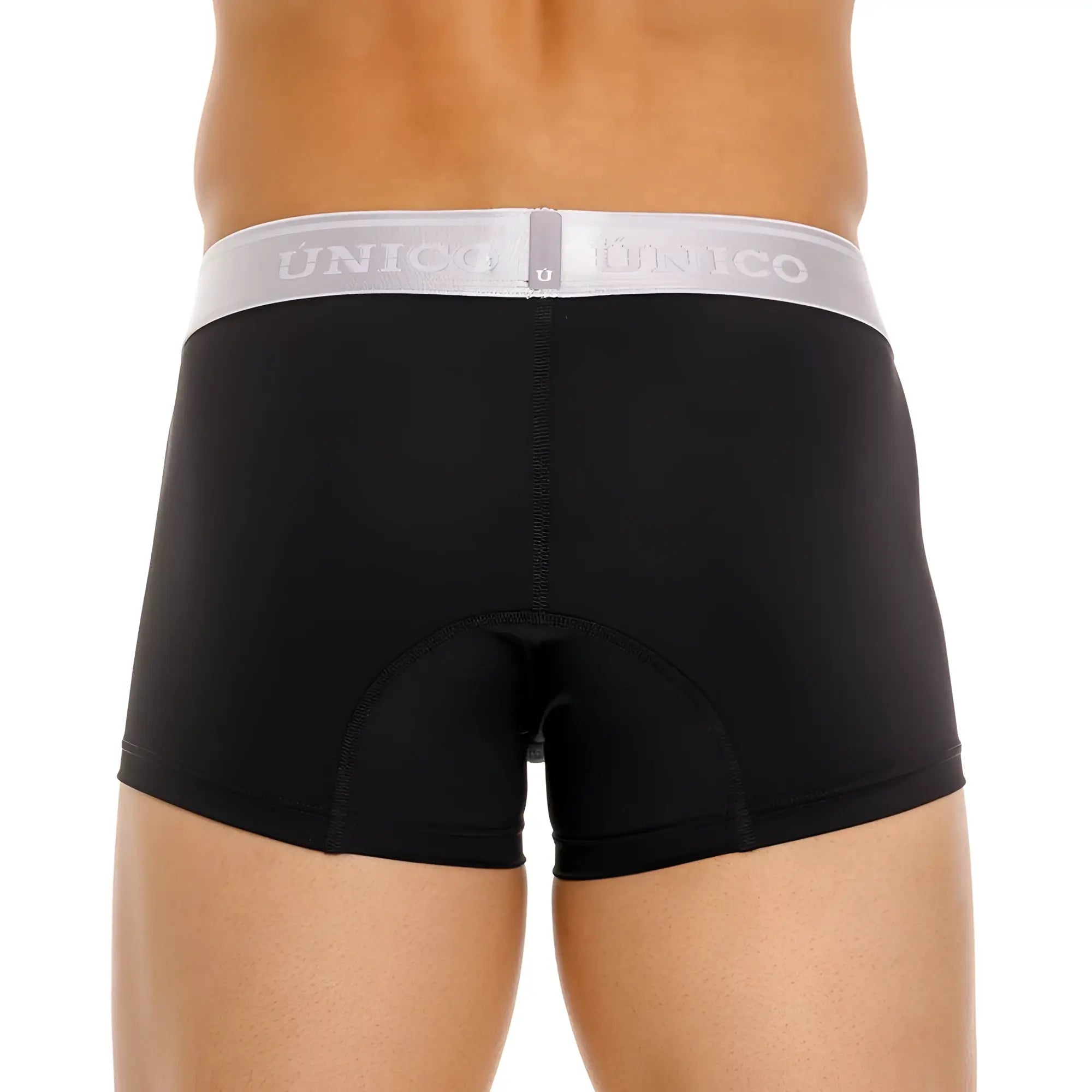 Black unico argento trunks boxer briefs with white elastic waistband and gray brand name lettering color 99 black