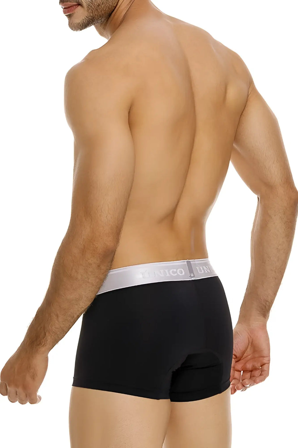 Black men’s briefs with a silver unico usa waistband in argento trunks color 99 black shown from the front