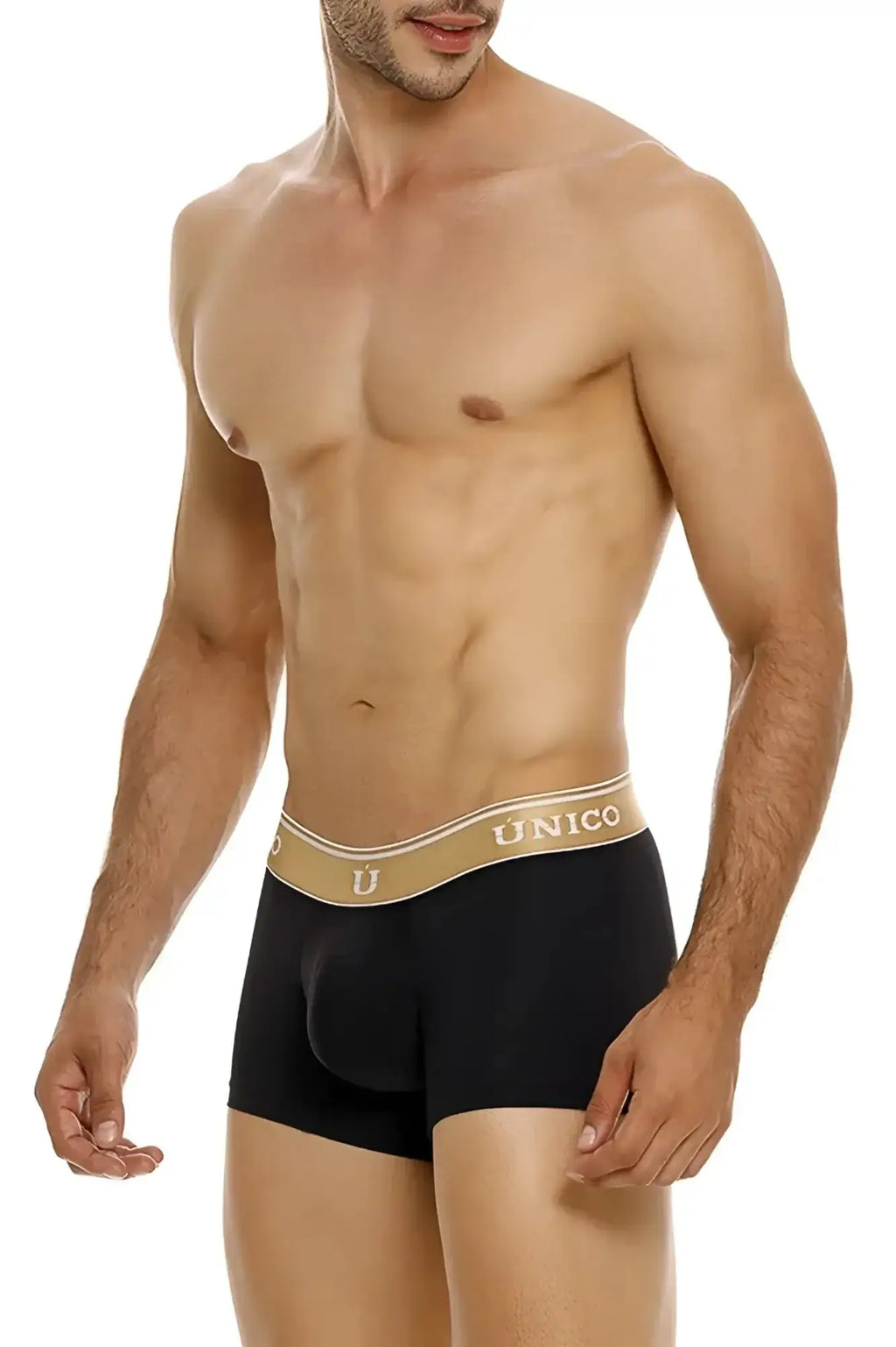 Black Unico 24110100110 lingote trunks featuring tan waistband with gold Unico branding in front view