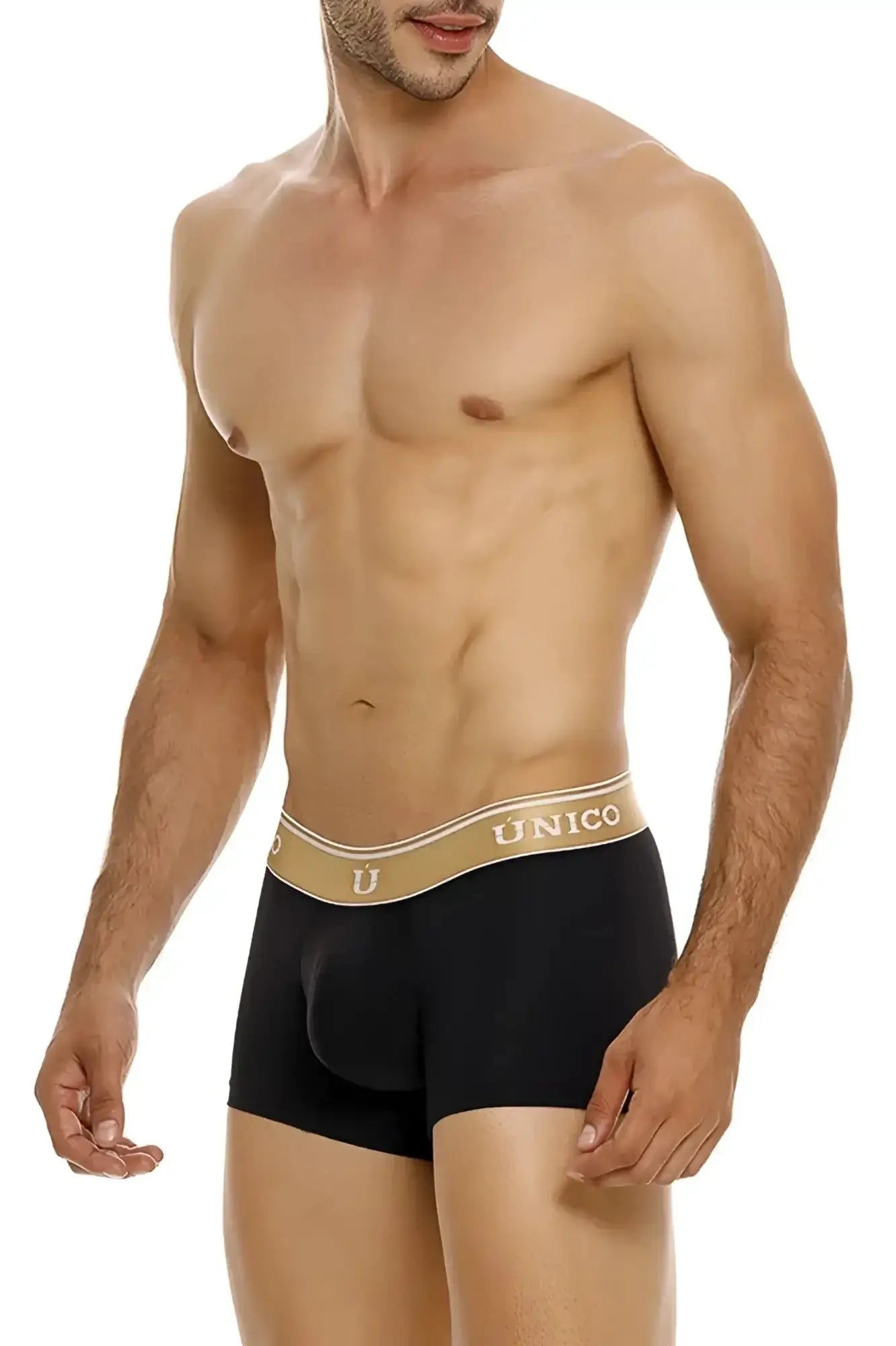 Black Unico 24110100110 lingote trunks featuring tan waistband with gold Unico branding in front view