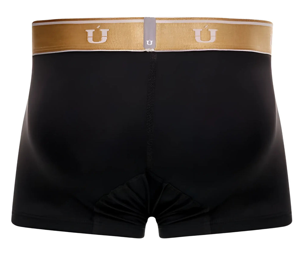 Black unico 24110100110 lingote trunks with gold waistband and white ú logo front view