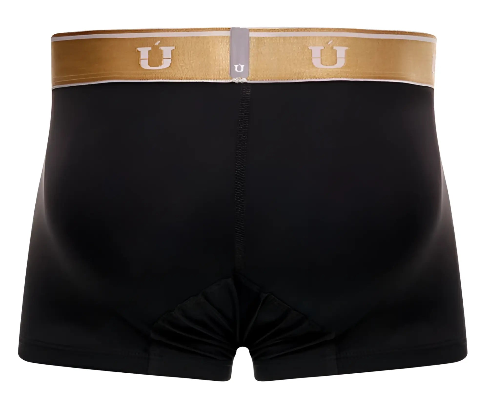 Black unico 24110100110 lingote trunks with gold waistband and white ú logo front view