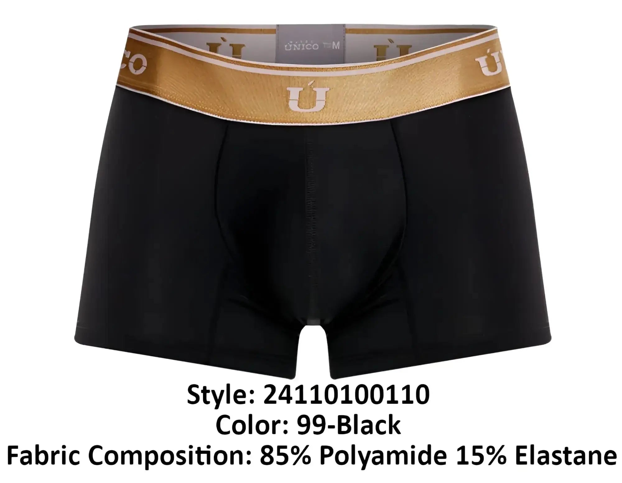 Black men’s Unico 24110100110 Lingote trunks with gold and white u logo waistband made of 85% polyamide 15% elastane